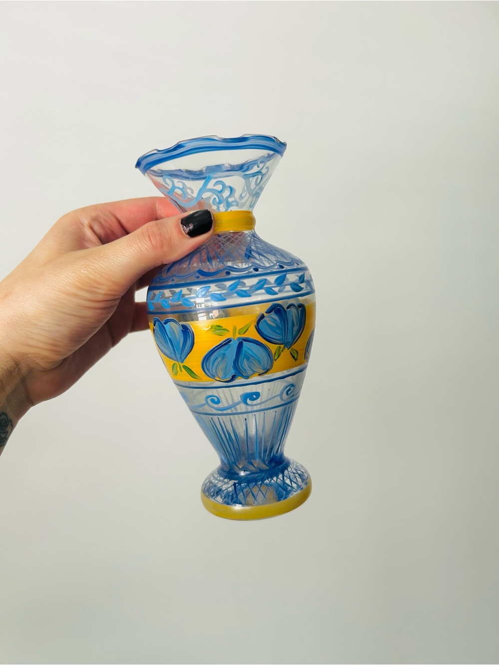 Hand-Painted Blue and Yellow Decorative Glass Vase